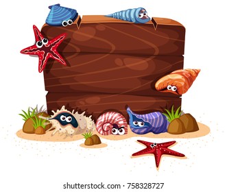 Wooden sign with seashells and starfish in background illustration