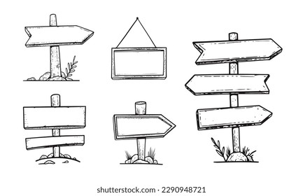 Wooden sign set hand drawn monochrome style vector illustration.