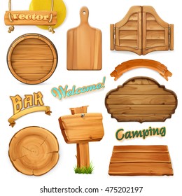 Wooden Sign Set. Template For Logo, Emblem. Wood Texture. 3d Vector Icon