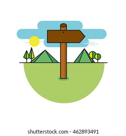 Wooden sign shaped like an arrow on a mountains path, vector