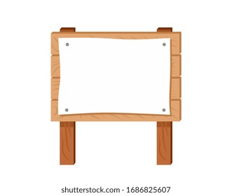 Wooden sign with sheet of white paper Isolated on white background. Vector cartoon announcement board with paper placard. Illustration of wooden banner whith empty space.  Flat icon.