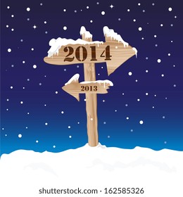 A wooden sign showing the way to 2014 from 2013. New Year's eve concept. EPS10 vector format.