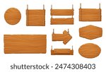 Wooden sign and signboards. Cartoon game arrow, board and panel. Vector set of wood circles, rectangles, squares and oval shaped wood planks hanging by ropes, adorned with nails, rustic gui interface