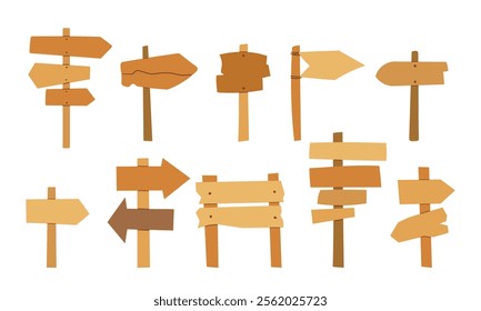 Wooden sign and signboards. Cartoon game arrow, board panel. Vector set of wood rectangles and squares shaped wood planks hanging by ropes, adorned with nails, rustic interface.