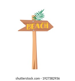 Wooden sign, signpost with the inscription beach and palm branch. Decorative element of vacation, travel, summer subject. Vector flat illustration