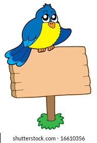 Wooden sign with sitting bird - vector illustration.