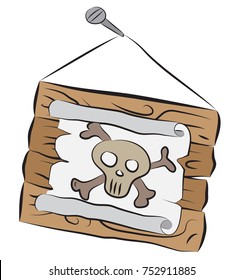 Wooden sign with skull drawing hanging on nail.