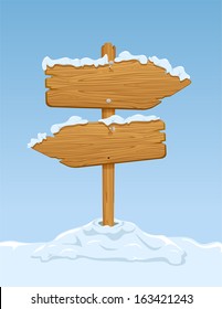 Wooden sign with snow on blue sky background, illustration.