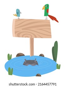 A wooden sign sticks out of the water. The hippo is hiding in the water. Flat vector illustration. Eps10