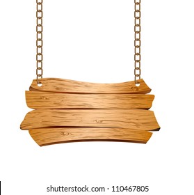 Wooden sign suspended on chains. Vector illustration