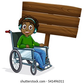 Wooden sign template with african american boy on wheelchair illustration