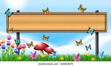 Wooden sign template with butterflies in garden illustration