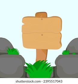 Wooden sign template with grass and stone isolated.