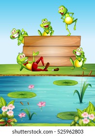 Wooden sign template with many frogs by the pond illustration