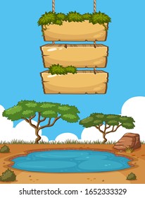 Wooden sign template with savanna field in background illustration