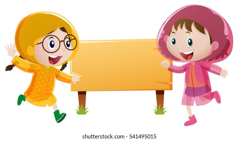Wooden sign template with two girls in raincoat illustration