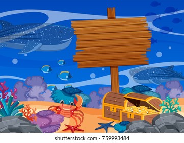Wooden sign template with underwater theme illustration