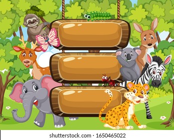 Wooden sign template with wild animals in the park illustration
