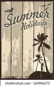 Wooden sign with text summer holidays and hula girl silhouette