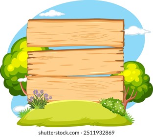 Wooden sign with trees and flowers background