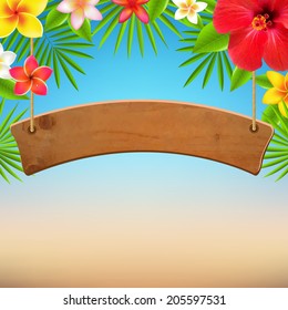 Wooden Sign With Tropical Flowers, With Gradient Mesh, Vector Illustration