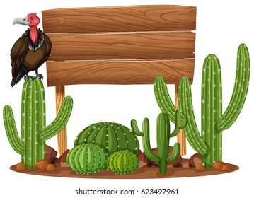 Wooden sign and vulture in cactus garden illustration