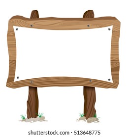 Wooden sign with white paper isolated on white background.