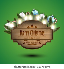 Wooden sign width Christmas decoration, Christmas card with blue background.