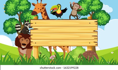 Wooden sign with wild animals in the park illustration