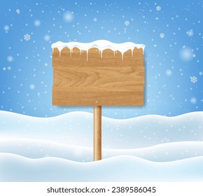 Wooden Sign And Winter Background With Gradient Mesh, Vector Illustration