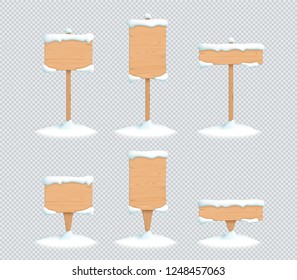 Wooden Sign Winter Snow 3d Vector Illustration Set