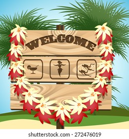 Wooden sign with wording Welcome and emblem of exotic dances, drink bar and ocean diving. Tropical seaside and palm trees.