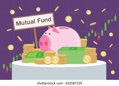 Wooden sign writing Mutual funds back many money and piggy bank on price chart background.