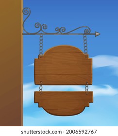 Wooden signage mounted to the wall vector illustration, cartoon style image of dark wood sign on metallic brackets