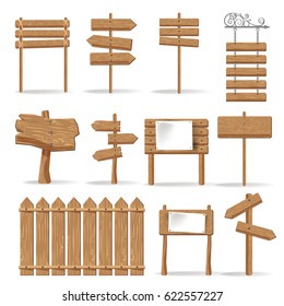 Wooden signages and direction signs vector icons set