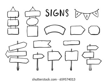 Wooden signages, road signs, direction signs, flags, arrows doodle icons set Hand drawn vector illustration