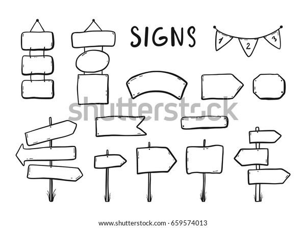 木の看板 道路の標識 方向記号 旗 矢印の落書きアイコンセット手描きのベクトルイラスト のベクター画像素材 ロイヤリティフリー