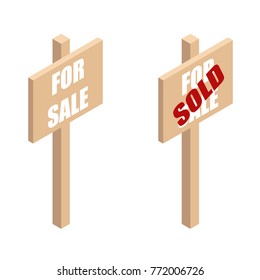 Wooden sign-Board ads for sale and sold.Board with the ad property for sale in isometric view. vector illustration isolated from background