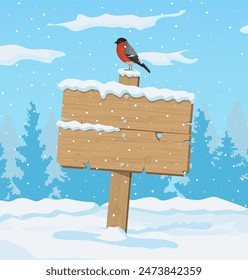 Wooden signboard against winter landscape with pine forest bullfinch and snowfall. Winter landscape with fir trees forest and snowing. New year celebration xmas holiday. Vector illustration flat style