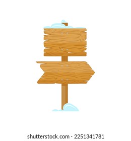 Wooden signboard with arrow cartoon illustration. Empty road sign, billboard or pointer for advertising and information. Winter, guidepost concept