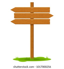 Wooden signboard arrow signpost isolated on white background. Sign and symbol to communicate a message on street or road, emblems of signages. Banner template with wood texture. Vector illustration