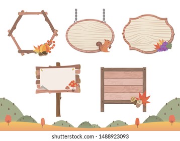 Wooden signboard of autumn leaves, foods and animals / vector illustration frame set / Maple, mushroom, squirrel, grape, acorn, pumpkin, chestnut