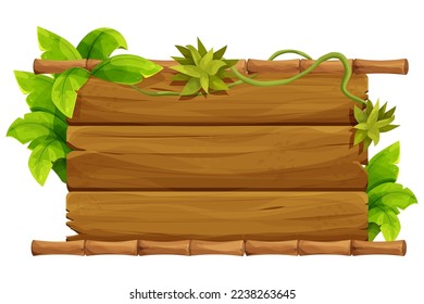 Wooden signboard, bamboo frame decorated with jungle palm leaves, liana in cartoon style isolated on white background. Jungle, tropical element, textured and detailed board. Ui game asset