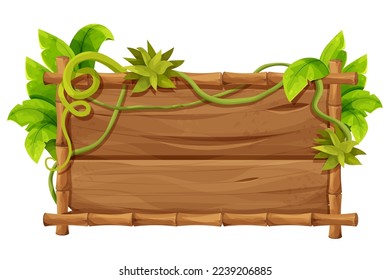 Wooden signboard, bamboo frame decorated with jungle palm leaves, liana in cartoon style isolated on white background. Jungle, tropical element, textured and detailed board. Ui game asset