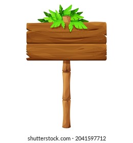 Wooden signboard with bamboo stick ant tropical leaves in cartoon style, empty signpost isolated on white background. Ui game asset, exotic decoration.