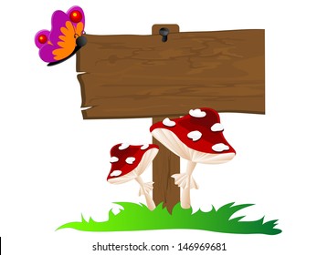 Wooden signboard, butterfly and two red mushrooms
