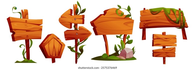 Wooden signboard collection with jungle elements - directional game pointers, rustic planks covered in vines, empty boards with nails, sign post with stones near base, green foliage decorations.