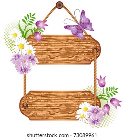 Wooden signboard with flowers for text