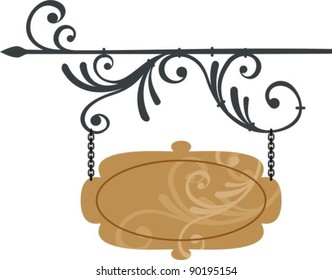 wooden signboard with forged elements, vector illustration