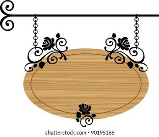 wooden signboard with forged elements, vector illustration